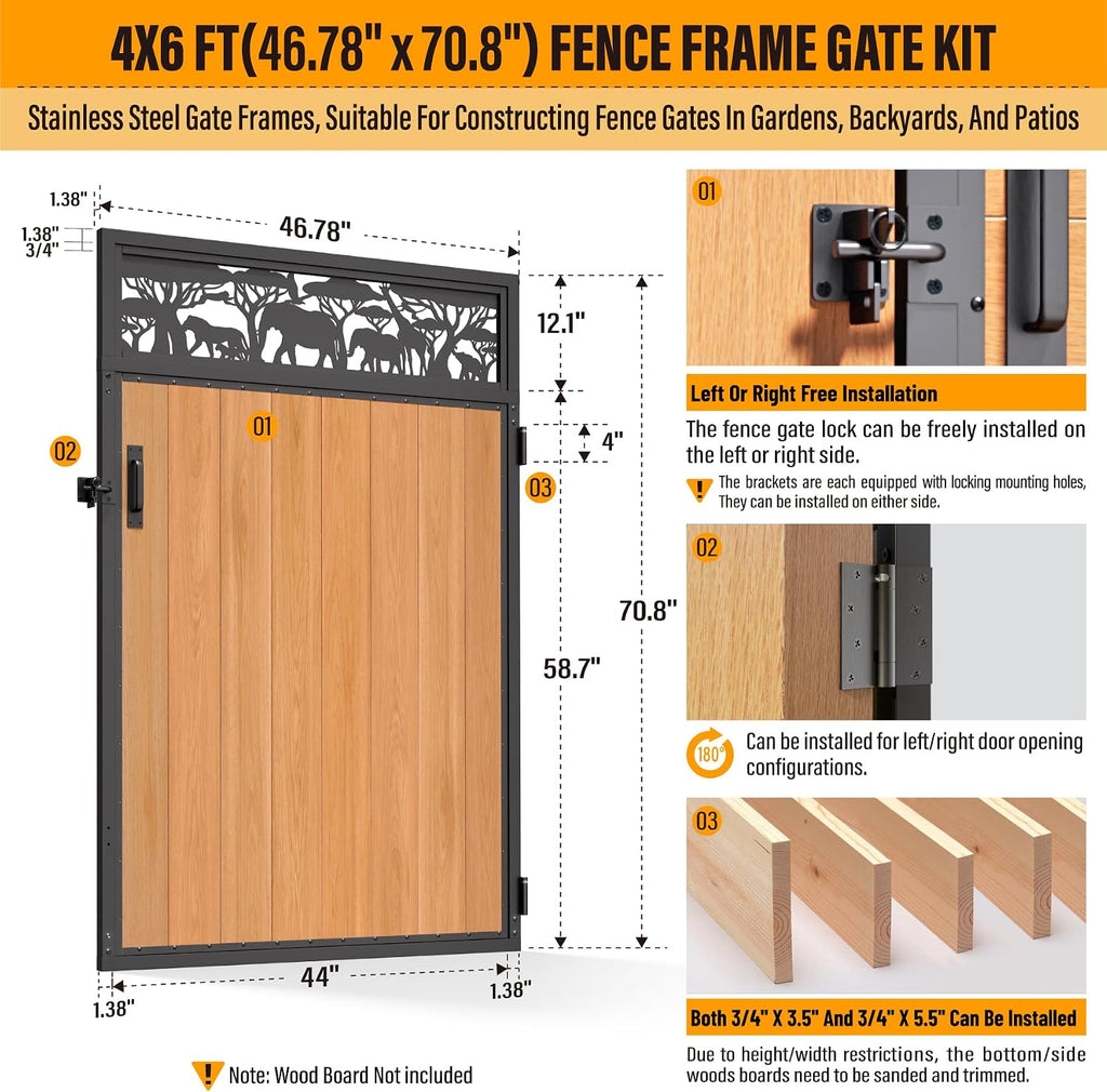 4x6FT Fence Gate Frame Kit 201 Stainless Steel Anti-Sag Heavy Duty Garden Gate Reinforcement Hardware, Left/Right Mount (No Panels Included)(46.78'W x 70.8'H)