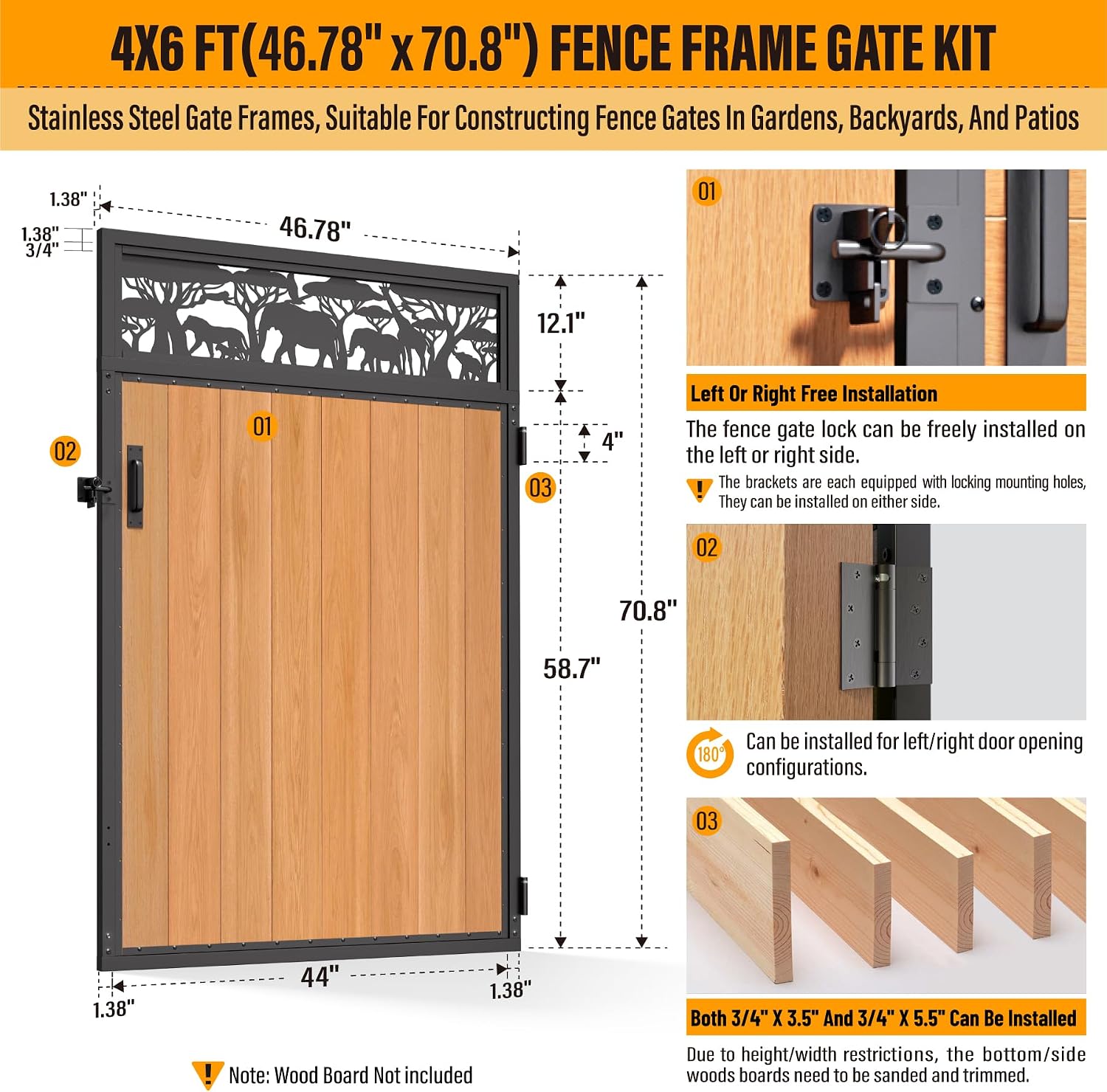 4x6FT Fence Gate Frame Kit 201 Stainless Steel Anti-Sag Heavy Duty Garden Gate Reinforcement Hardware, Left/Right Mount (No Panels Included)(46.78'W x 70.8'H)
