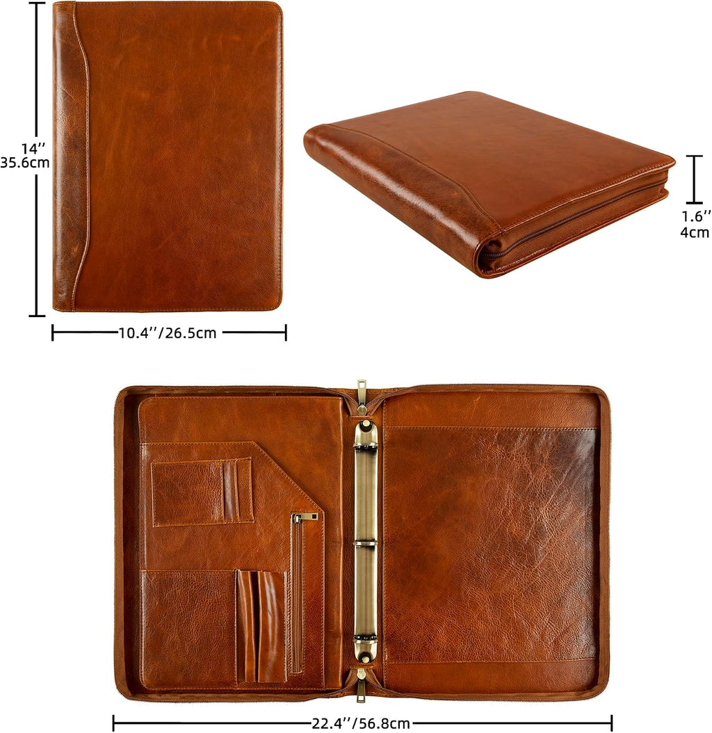Genuine Leather Portfolio Binder, Oil Tanned Leather Binder 3 Ring, Personalized Portfolio Organizer for Men, Custom Padfolio Folder Women, Business Portfolio with Name/Logo Engraved (Brown, Custom)