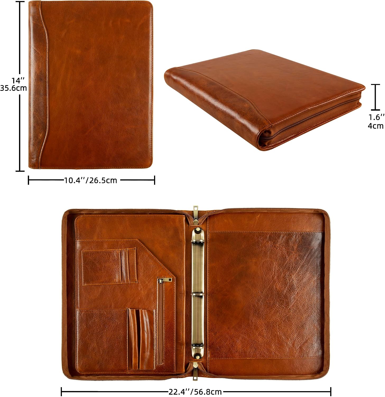 Leather Binder 3-Ring, Oil-Tanned Portfolio with Notepad, Engraved Padfolio Personalized for iPad/Laptop, Business Gift for Men/Women (Brown, Non-Custom)
