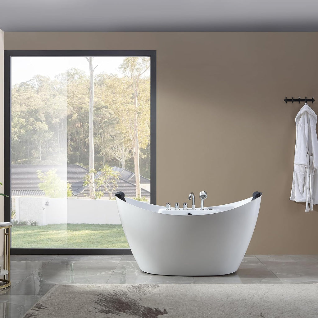 Empava 59 inch Acrylic Freestanding Tub Hydromassage Gracefully Oval Shaped Whirlpool 8 Water Jets Soaking SPA, Double-Ended Massage Bathtub with 2 Black Pillows, White