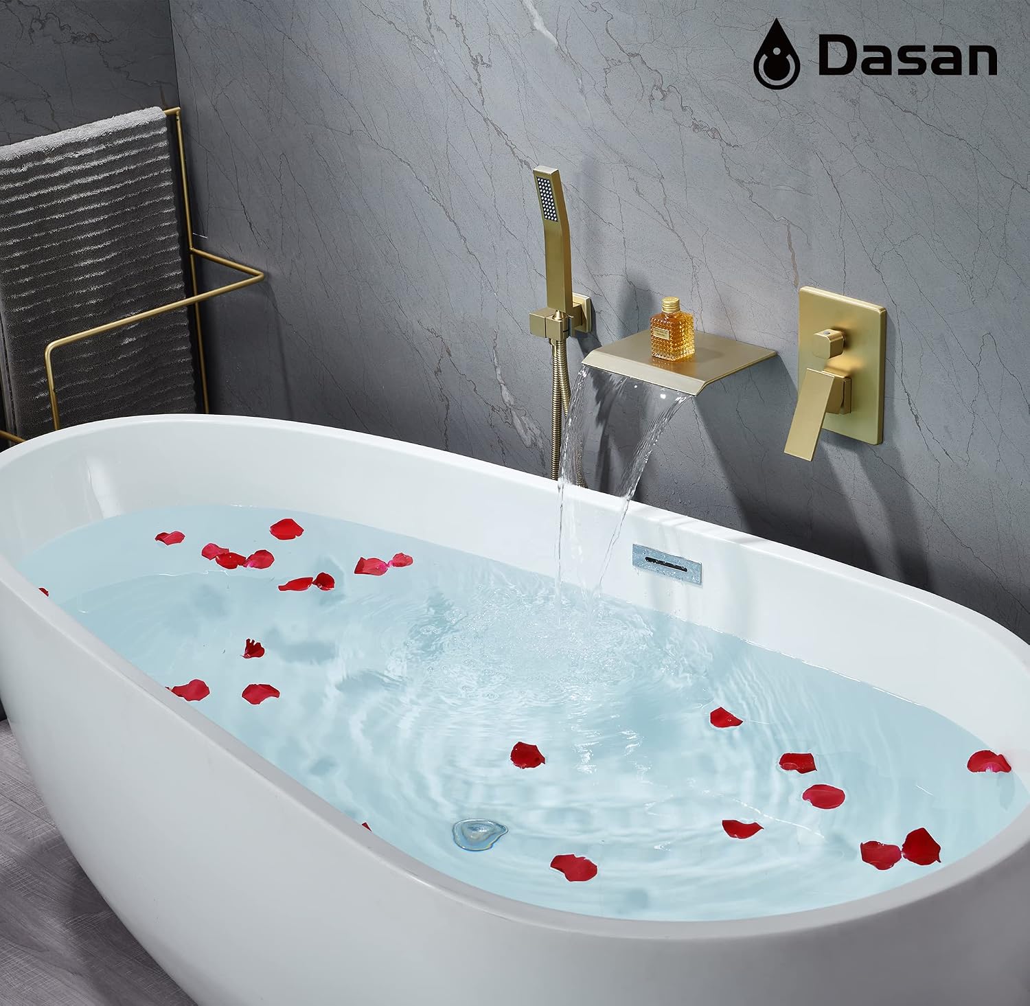 Upgraded Wall Mount Tub Filler Faucet with Handheld Shower, DASAN Modern Wall Mounted Bathtub Faucet Brushed Gold High Flow Waterfall Tub Faucet with Rough in Valve, SA-TF04WH-BG
