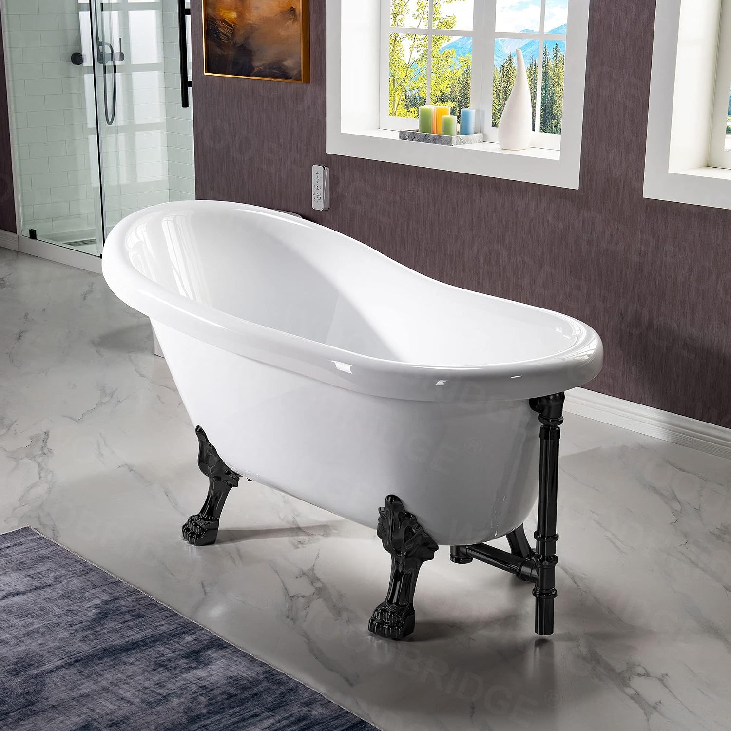 WOODBRIDGE 54' Heavy Duty Acrylic Slipper Clawfoot Bath Tub with Matte Black Feet & Matte Black Drain &Overflow,B0021 MB