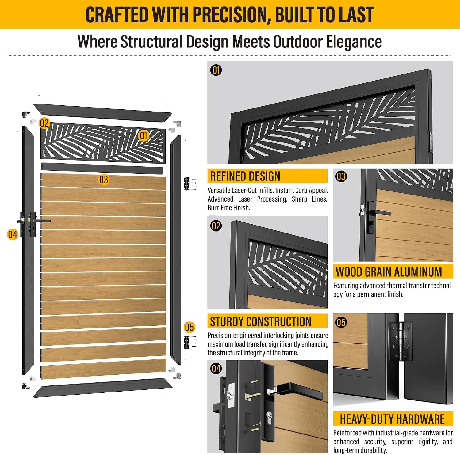 4x6 FT Aluminum Fence Gate Kit Wood Grain Aluminum Gate with Decorative Cutout, Lock & Hinges, Left/Right Opening, Weather Resistant for Yard Garden Patio