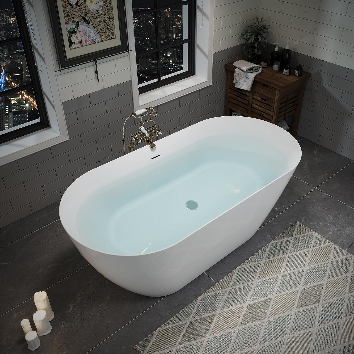 Abruzzo 60' Glossy White Acrylic Freestanding Bathtub | 60-inch cUPC certified oval deep soaking tub. Features pre-installed center drain and built-in adjustable feet
