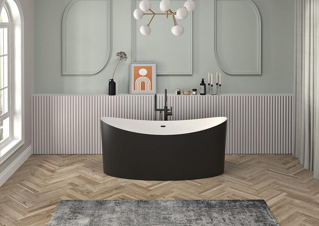 HEATGENE 68.5 Inches Acrylic Freestanding Bathtub Oval Modern Bathtub Contemporary Soaking Tub Easy to Install UPC Certified Drain & Overflow Assembly Included, Black