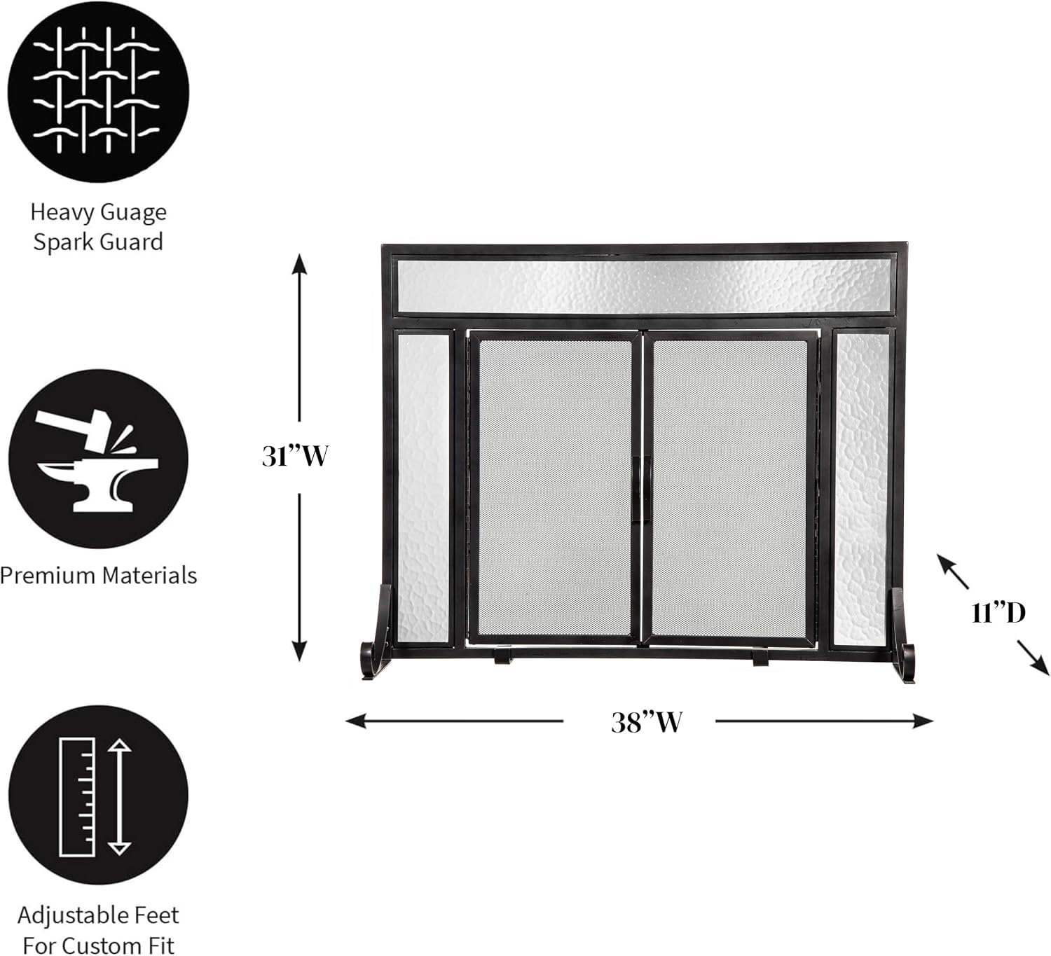 Plow & Hearth Metal Fireplace Screen Glass Black | 38' W x 31' H | Dual Magnetic Hinged Doors | Spark Guard Cover | Stand Alone Wrought Iron Panel Fire Place Cover