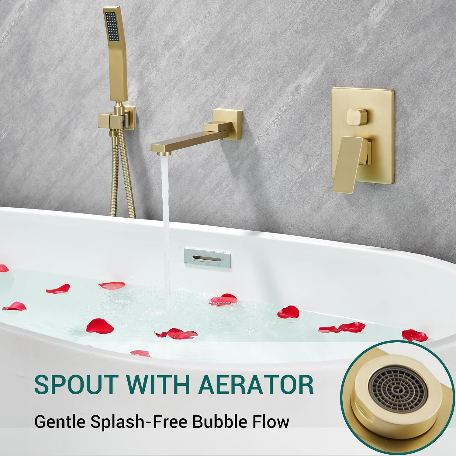 DASAN Swiveling Wall Mount Tub Filler Faucet Set with Hand Held Shower, Brushed Gold Modern Creative Bathtub Faucet Wall Mounted Bath Tub Faucet with High Flow Rough in Valve, SA-TF05WH-BG