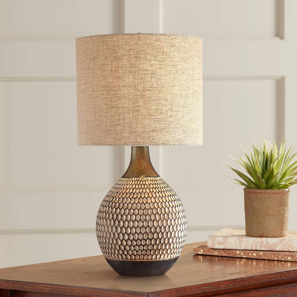 360 Lighting Emma 21' High Small Mid Century Modern Accent Table Lamps Set of 2 Brown Wood Finish Ceramic Oatmeal Shade Living Room Bedroom Bedside Nightstand House Office Home Kitchen