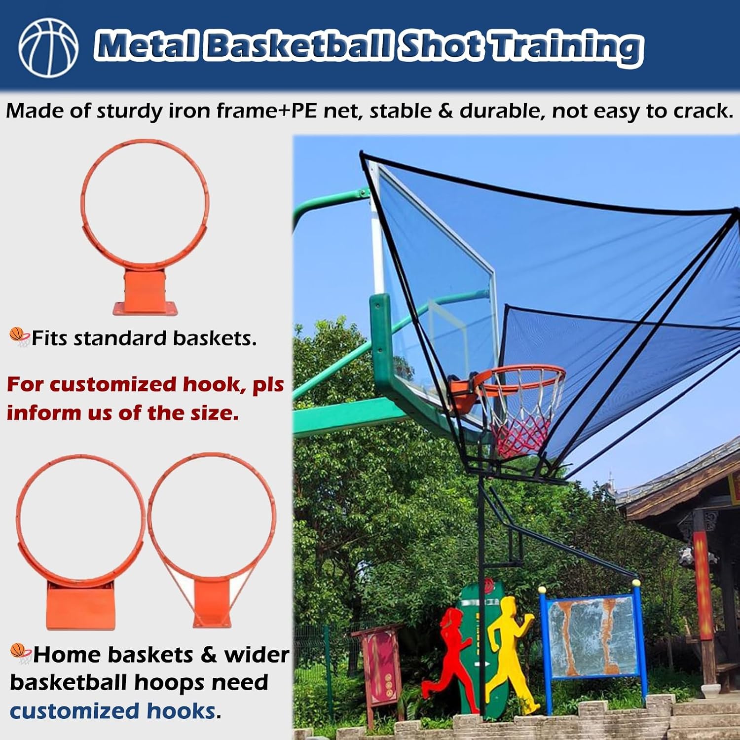 Basketball Hoop Outdoor Net Catcher Return System, 180° Rotatable Basketball Rebounder for Court Inside Training Camp, Shooting Practice Attachment Easy to Set Up