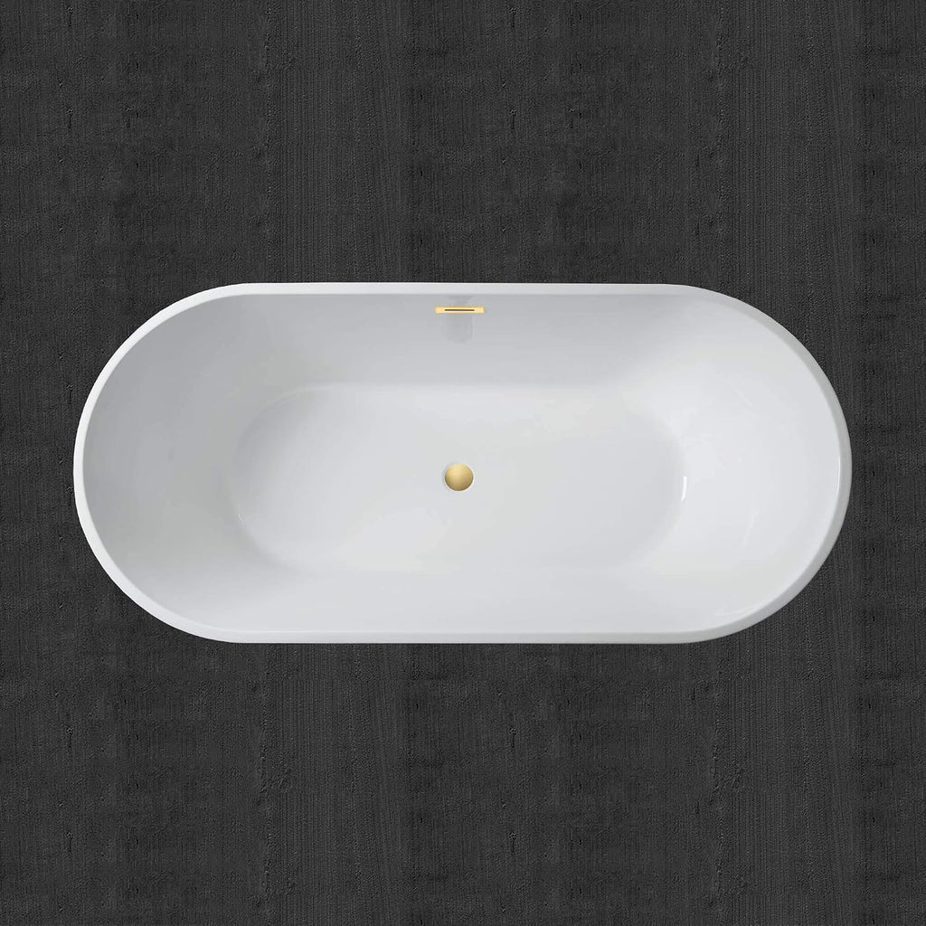 WOODBRIDGE 67' Acrylic Freestanding Bathtub Contemporary Soaking White Tub with Brushed Gold Overflow and Drain，B0013 -BG-Drain &O