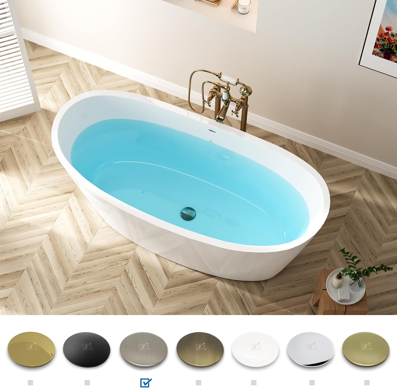 FerdY Naha Elite 59' Acrylic Freestanding Bathtub, Curve Edge Freestanding Soaking Bathtub, Glossy White, cUPC Certified, Brushed Nickel Drain & Minimalist Linear Design Overflow Included, 02588