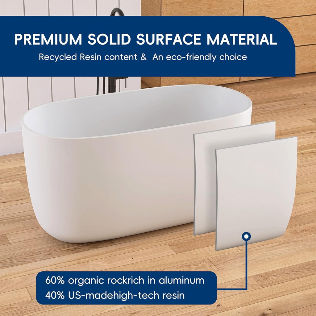 47' Stone Resin Freestanding Bathtub, Oval Solid Surface Bathroom Freestanding Tub, Thin Edge Stand Alone Tub with Integrated Slotted Overflow and Pop-up Drain, Matte White AMG025-1200