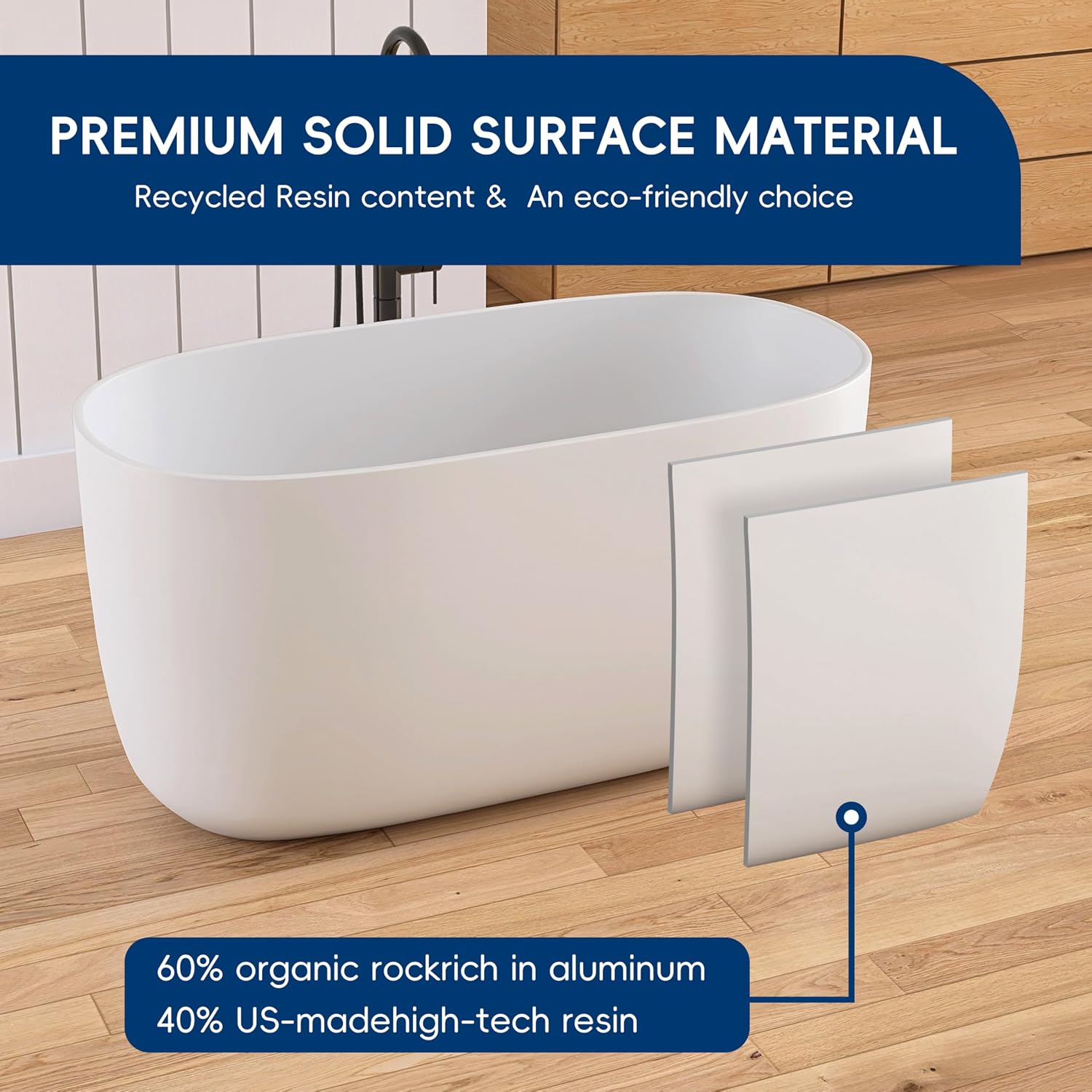 47' Stone Resin Freestanding Bathtub, Oval Solid Surface Bathroom Freestanding Tub, Thin Edge Stand Alone Tub with Integrated Slotted Overflow and Pop-up Drain, Matte White AMG025-1200