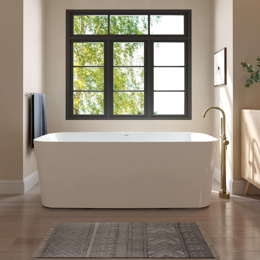 FerdY Maui 67' Acrylic Freestanding Bathtub, Contemporary Elegant Design Soaking Tub with Brushed Nickel Drain and Minimalist Linear Design Overflow, Easy to Install