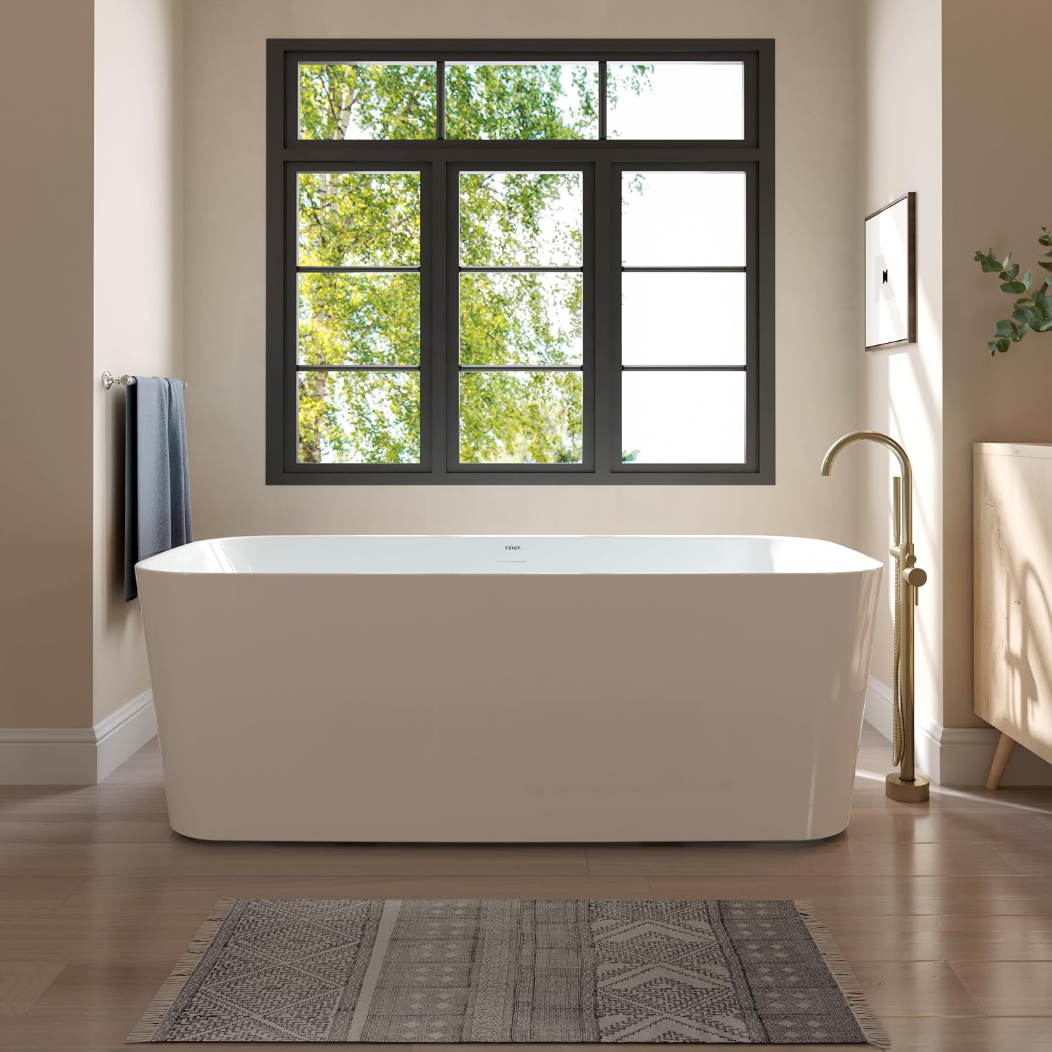 FerdY Maui 67' Acrylic Freestanding Bathtub, Contemporary Elegant Design Soaking Tub with Brushed Nickel Drain and Minimalist Linear Design Overflow, Easy to Install