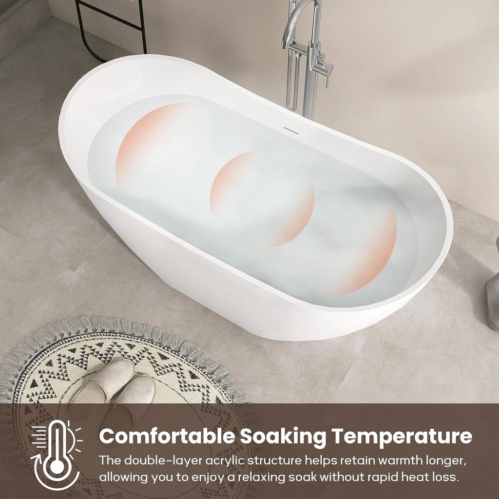 SJ STAR&JANE 60' Acrylic Freestanding Bathtub, Dual Slipper Acrylic Soaking Bathtub,Stand Alone Tub with Drain and Overflow, cUPC Certified, White