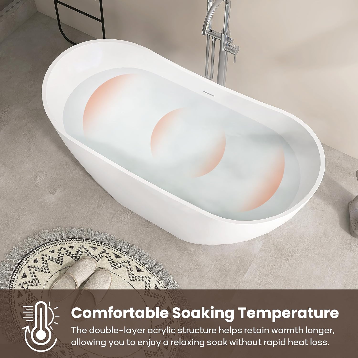 SJ STAR&JANE 60' Acrylic Freestanding Bathtub, Dual Slipper Acrylic Soaking Bathtub,Stand Alone Tub with Drain and Overflow, cUPC Certified, White