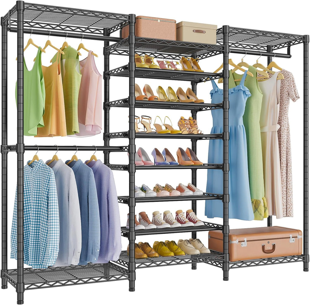 VIPEK S3 Heavy Duty Garment Rack Freestanding Clothes Rack Closet Storage Organizer Large Wardrobe with 8-Tier Shoe Rack, Hanging Rod, Adjustable Shelf, 68.9' L x 15.7' W x 76.4' H, Black