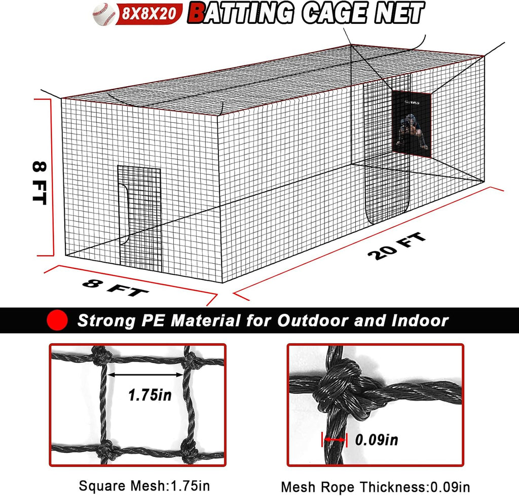 Baseball Softball Batting Cage Net with Realistic Catcher, Net Only, Backyard Practice Batting Cage Net, Heavy Duty Multi-Purpose Sports Net with Door