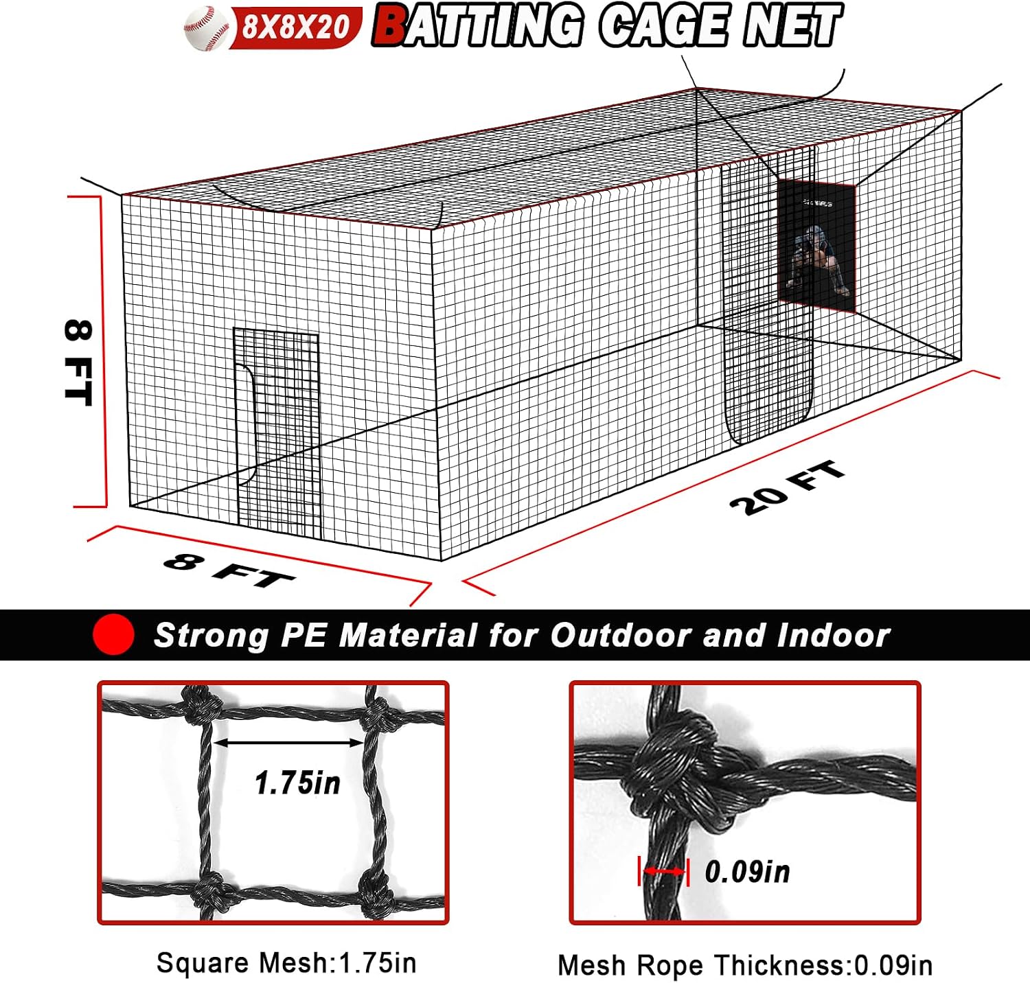 Baseball Softball Batting Cage Net with Realistic Catcher, Net Only, Backyard Practice Batting Cage Net, Heavy Duty Multi-Purpose Sports Net with Door