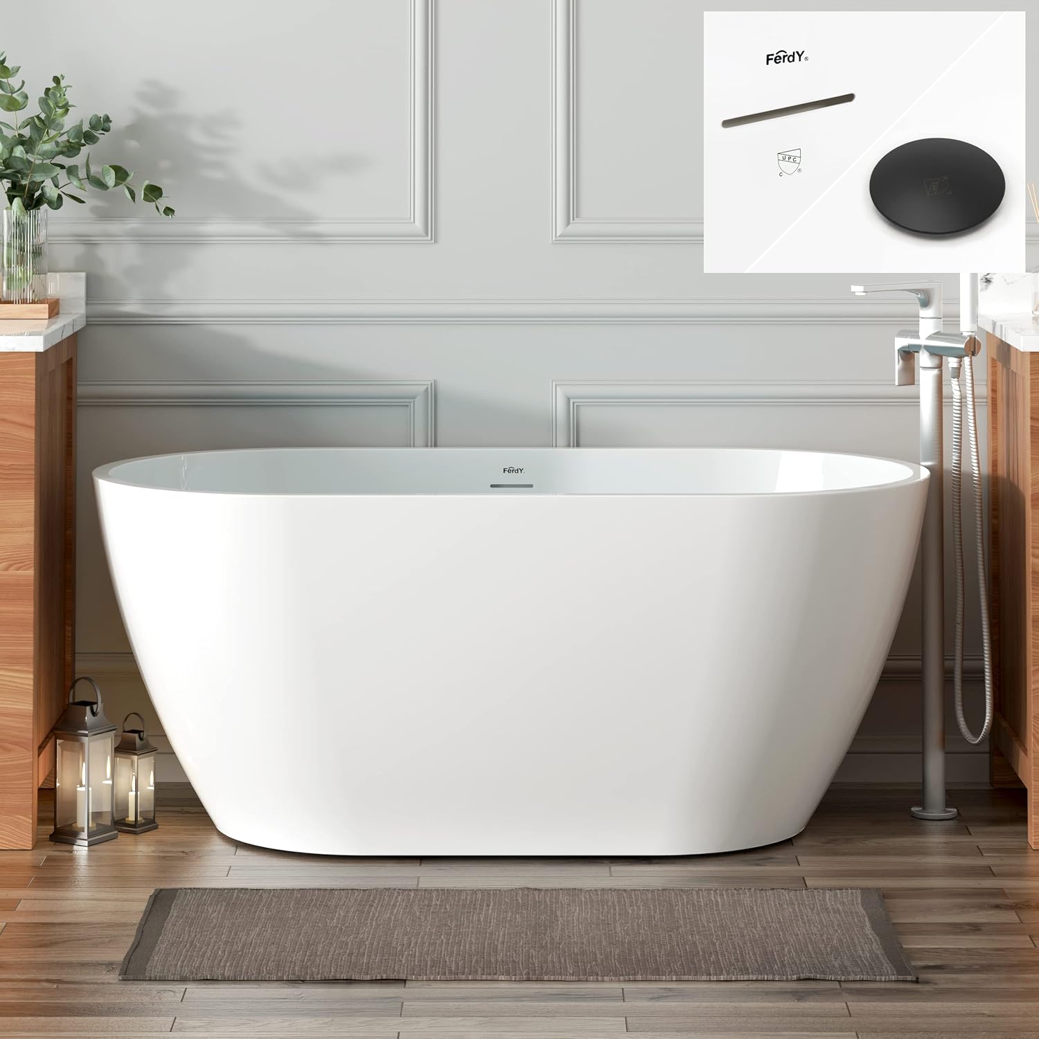 FerdY 55' Bali Acrylic Freestanding Bathtub, Gracefully Shaped Freestanding Soaking Bathtub, cUPC Certified, Toe-Tap Matte Black Drain& Bath Pillow for Bathtub,Thick Tub Pillows