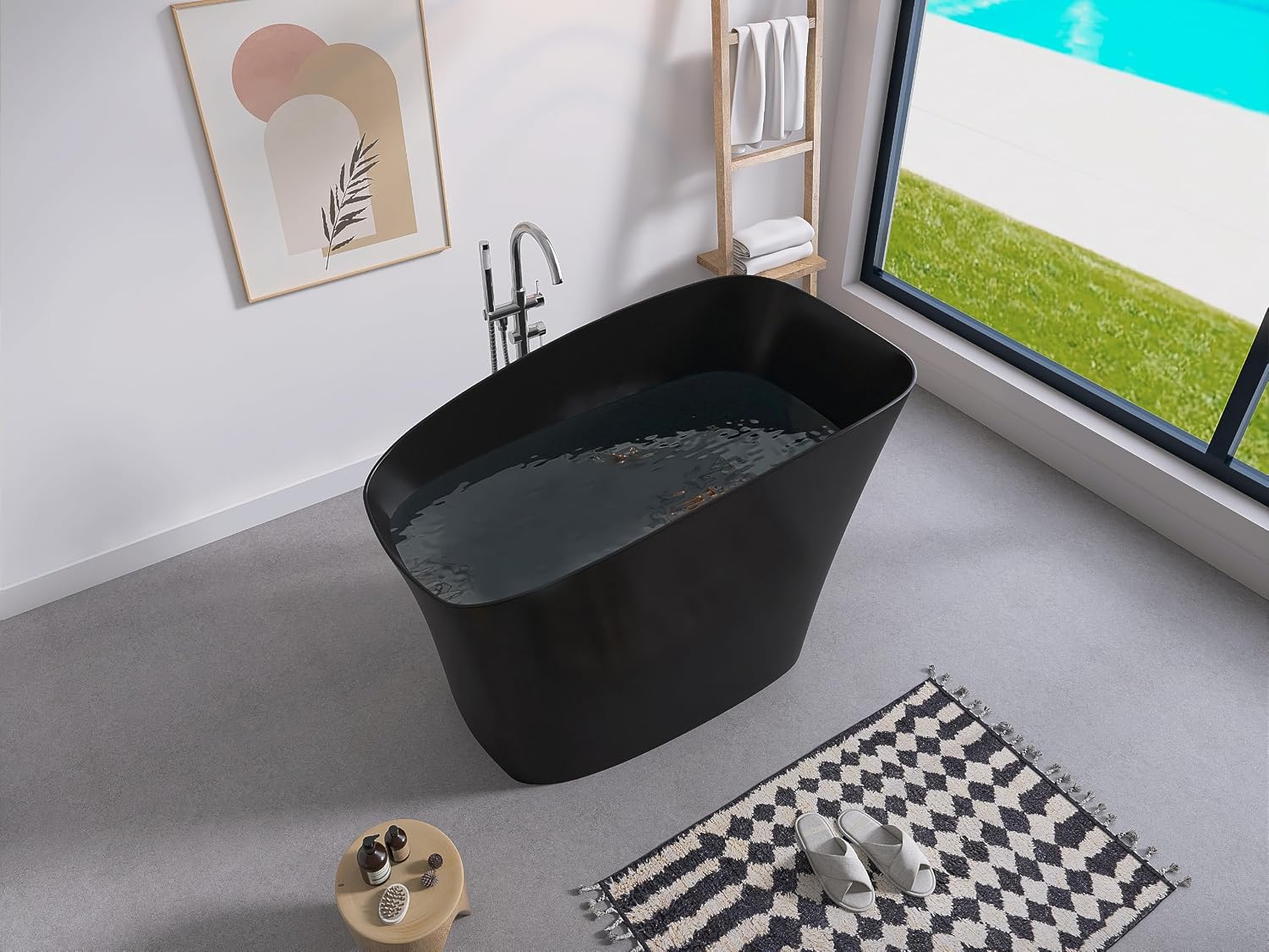 51' Japanese Soaking Bathtub with Seat, Solid Surface Matte Black | Freestanding Deep Soaking Tub, Pop-Up Drain and Overflow, Resin Stone Stand Alone for Samll Bathroom