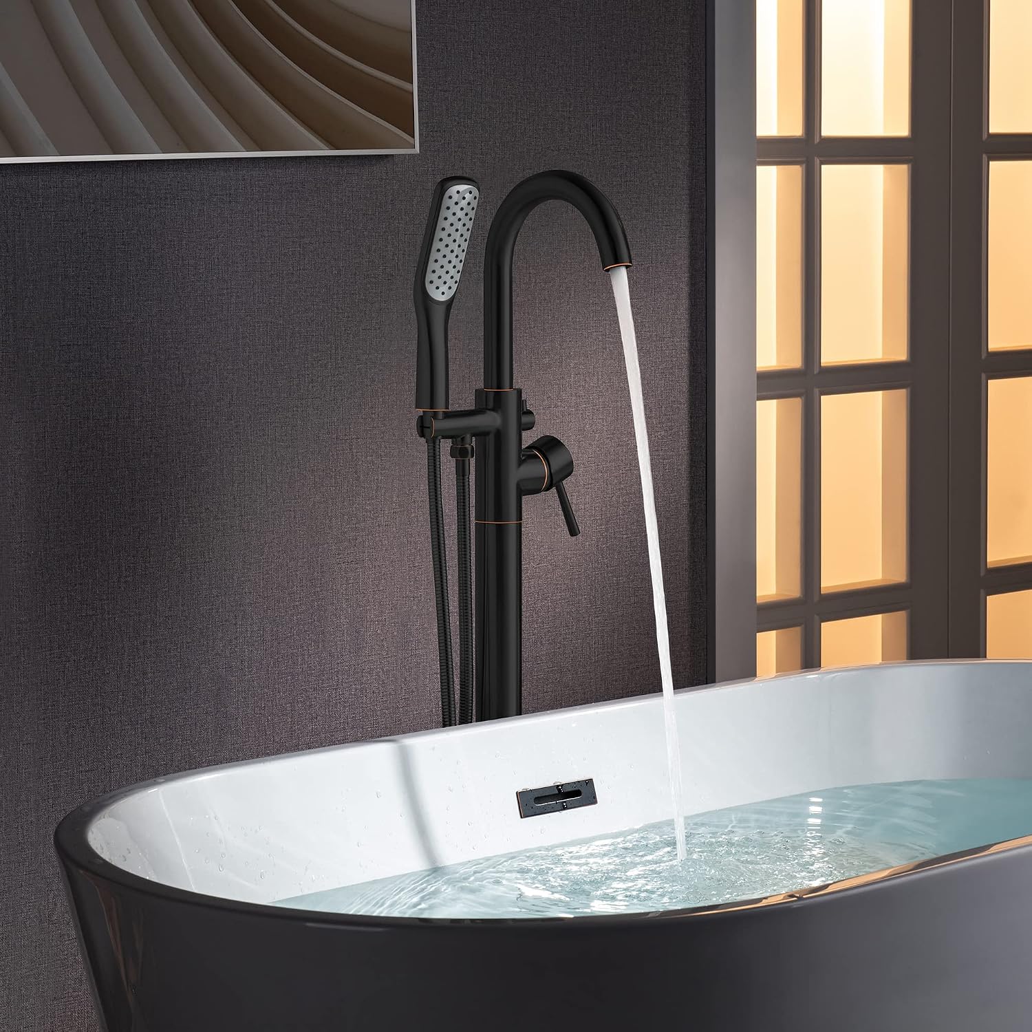 WOODBRIDGE High Flow Rate 8 GPM Freestanding Tub Filler Faucet with Hand Shower, Oil Rubbed Bronze,F0027ORBSQ