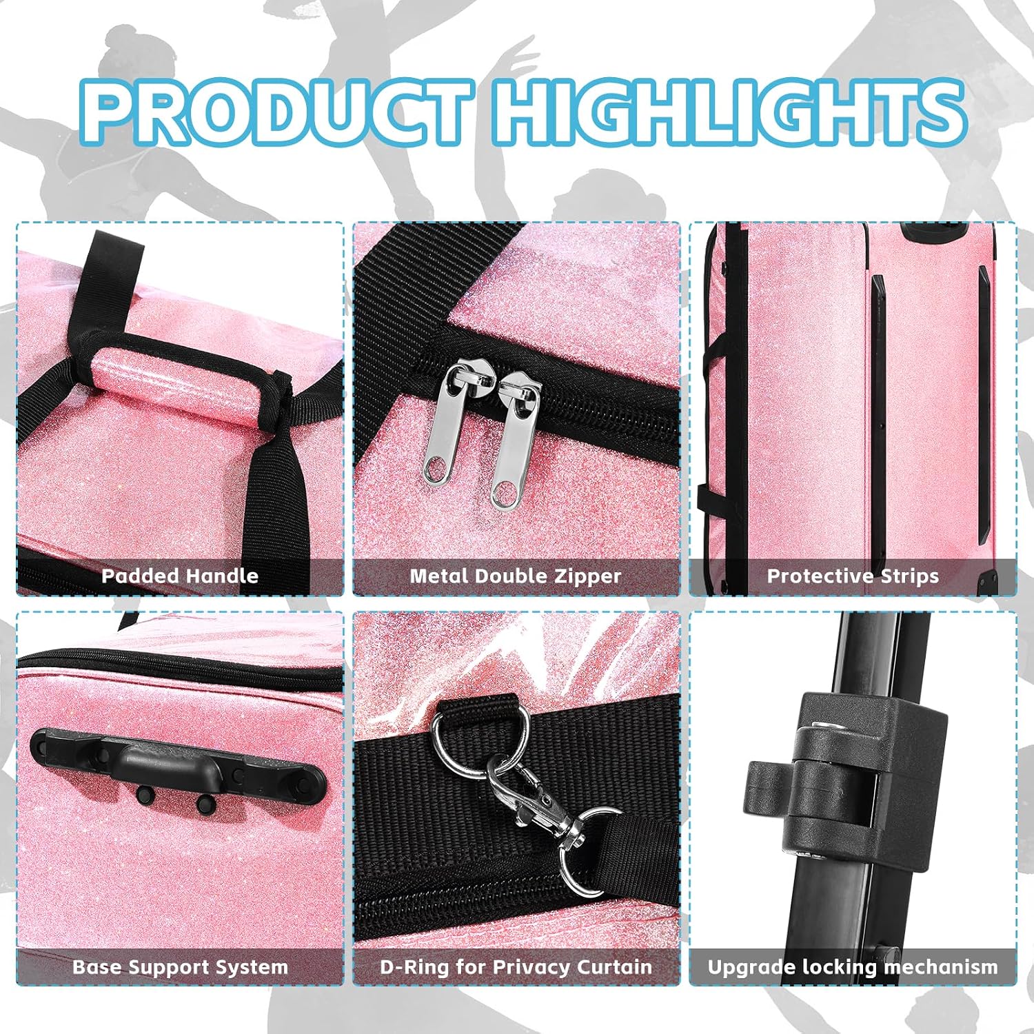 Dance Bag with Garment Rack and Curtain | 23' Sparkling Dance Competition Duffle Bag with Rack & Wheels | Upgraded Stable System | Ideal Rolling Dance Suitcase for Dancer Cheerleader Gymnast Traveler
