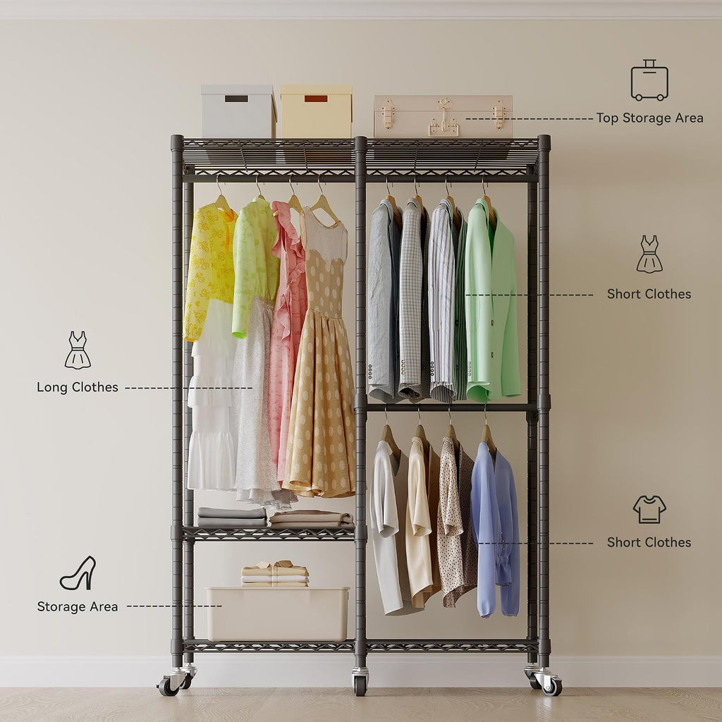 Higeego H9 Heavy Duty Rolling Clothes Rack with Cover, Covered Garment Rack with Wheels and Shelves, Wardrobe Closet, Portable Closet for Hanging Clothes, Black Clothing Rack with Grey Cover