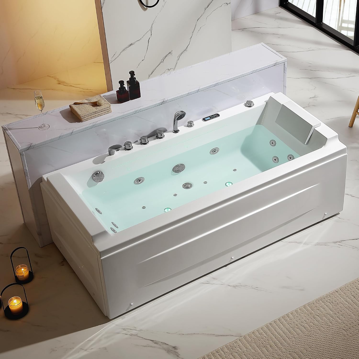 Empava Acrylic Whirlpool Bathtub, 71-Inch Jetted Bathtub with Healing Chromotherapy, Heated Soaking Tub with LED Control Panel, Comforting Hydro Massage Tub with Waterfall Joy, Black Pillow