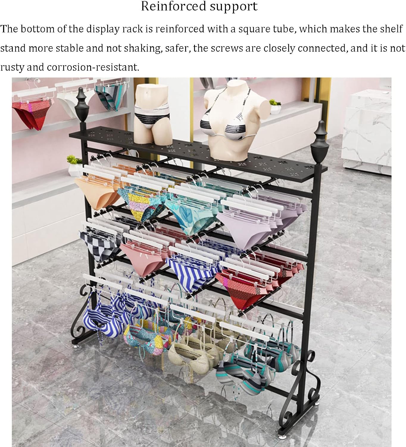 Freestanding Double Sided Metal Underwear Display Rack with Top Shelves Commercial Clothing Store Organizer for Bras Shorts Socks Accessories Retail Display Stand，D 150x40x155cm