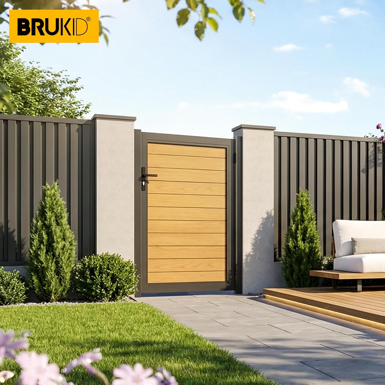 3x4 FT Aluminum Fence Gate Kit Wood Grain Aluminum Gate with Decorative Cutout, Lock & Hinges, Left/Right Opening, Weather Resistant for Yard Garden Patio