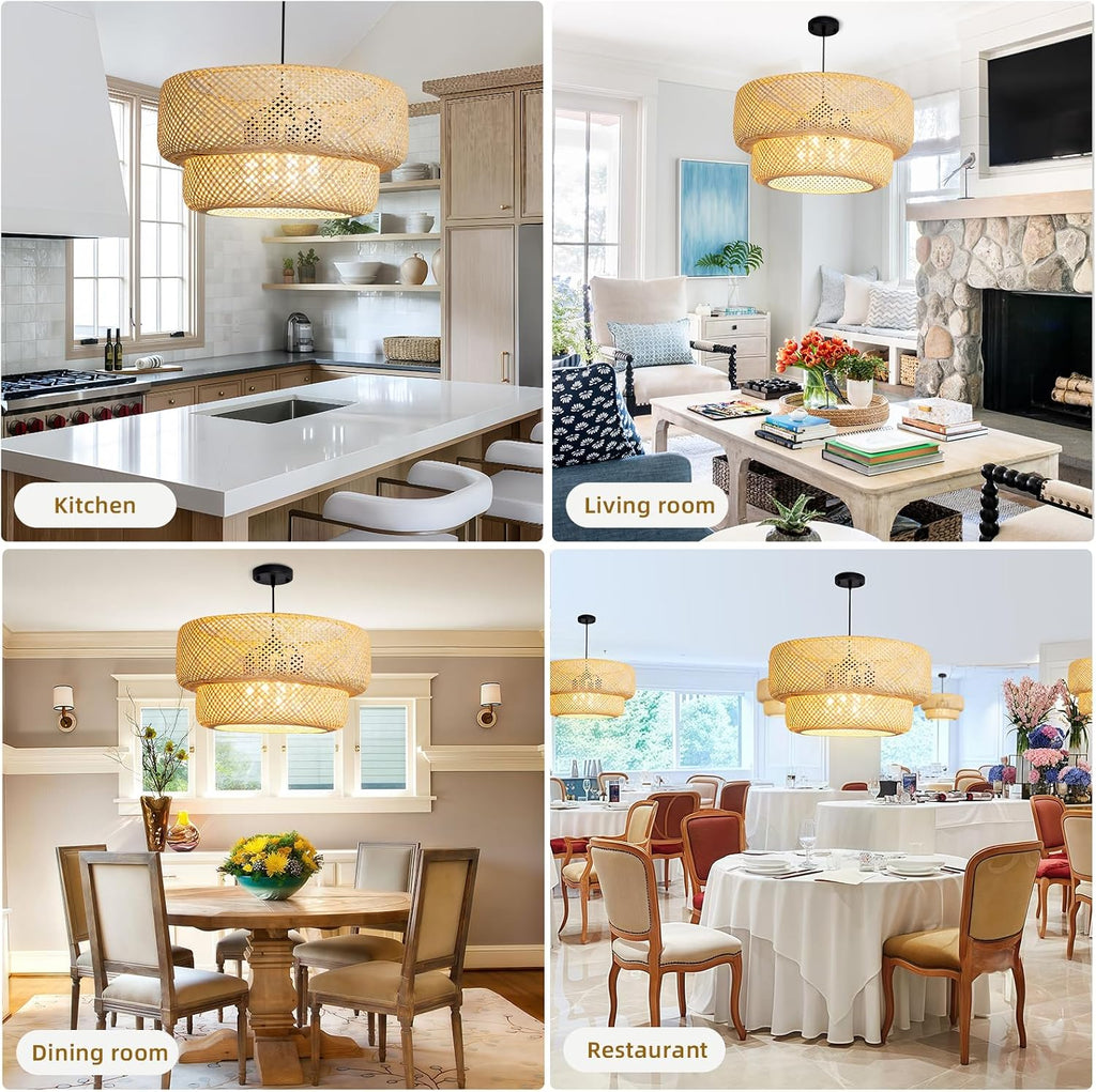 23.62' Bamboo Pendant Light,Boho Rattan Hanging Light,Hand Woven Wicker Chandelier for Kitchen Island for Kitchen Island Dining Bedroom Living Room Restaurants