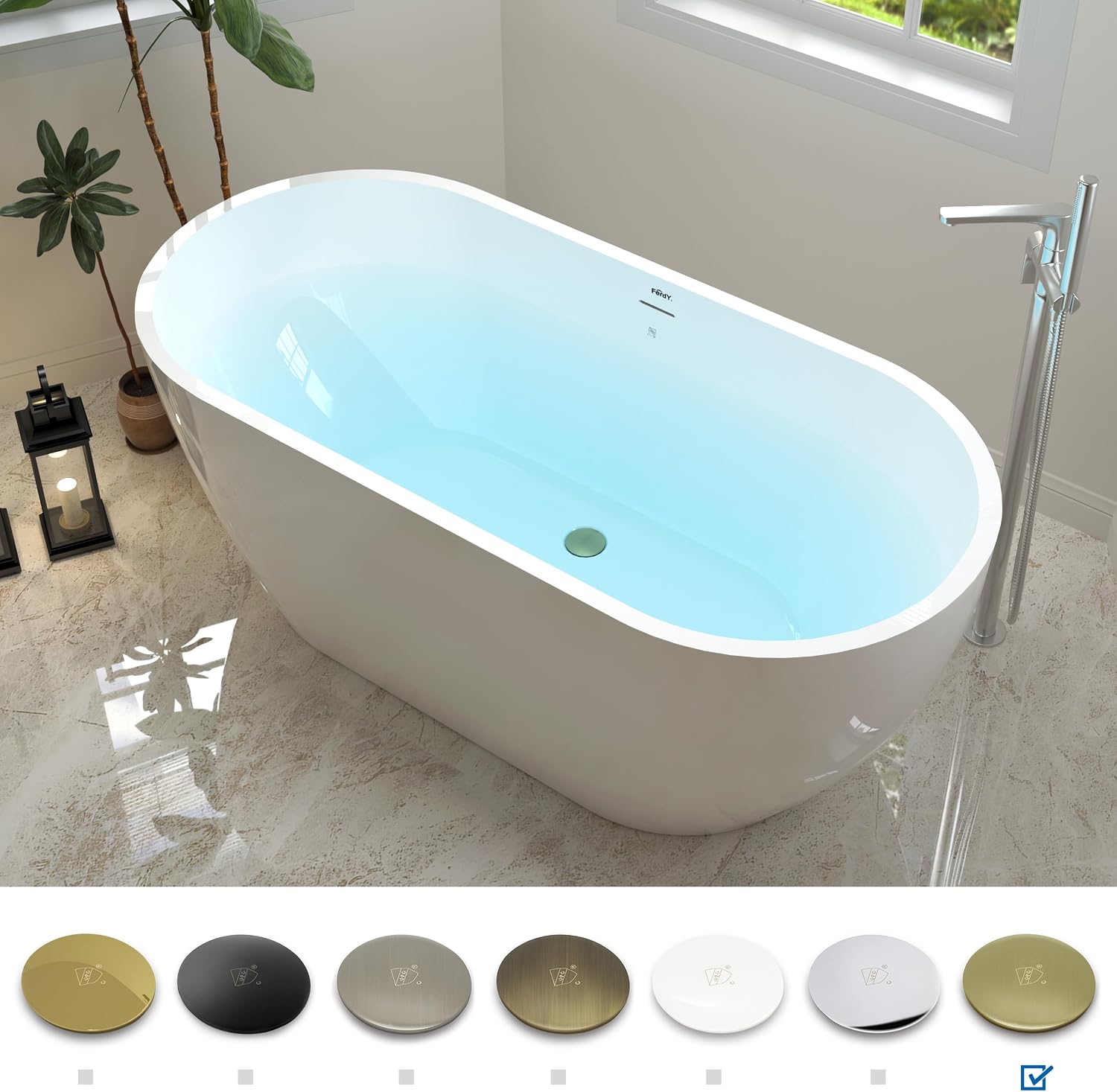 FerdY 59' Acrylic Freestanding Bathtub, Contemporary Soaking tub with Brushed Gold Drain, Elegant Oval Shape, cUPC Certified, Bali