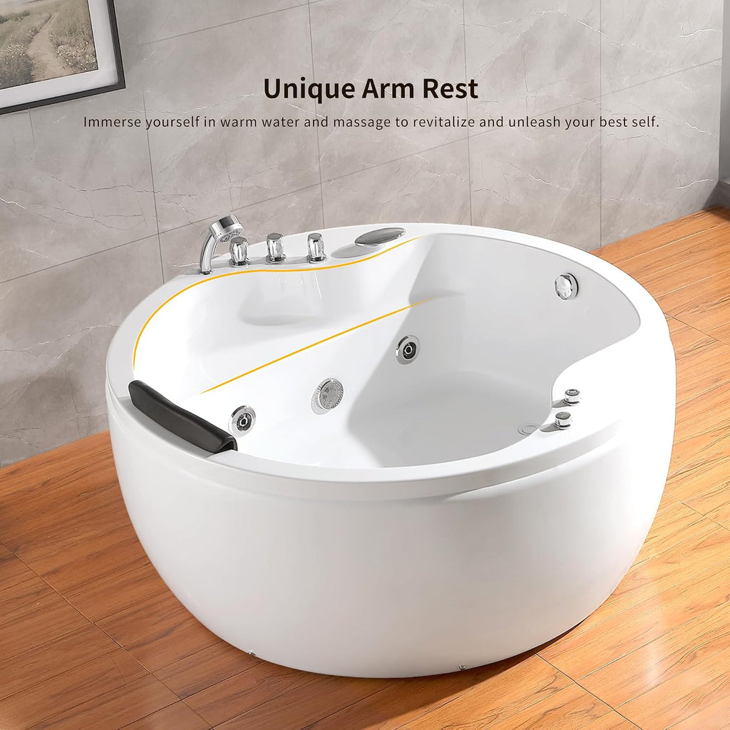 Empava 59' Acrylic Freestanding Whirlpool Bathtub Hydromassage Round Jetted Soaking Tub with Right Side Drain and Waterfall Faucet