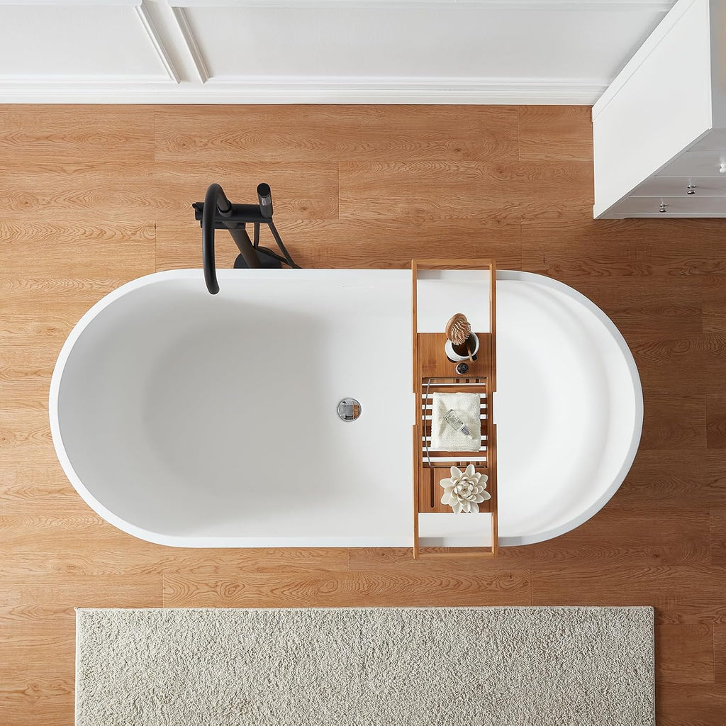 Cpingao 71' Stone Resin Freestanding Bathtub, Contemporary Oval Solid Surface Soaking Stand Alone Tub, Matte White, Drain & Overflow Included 8816-1800