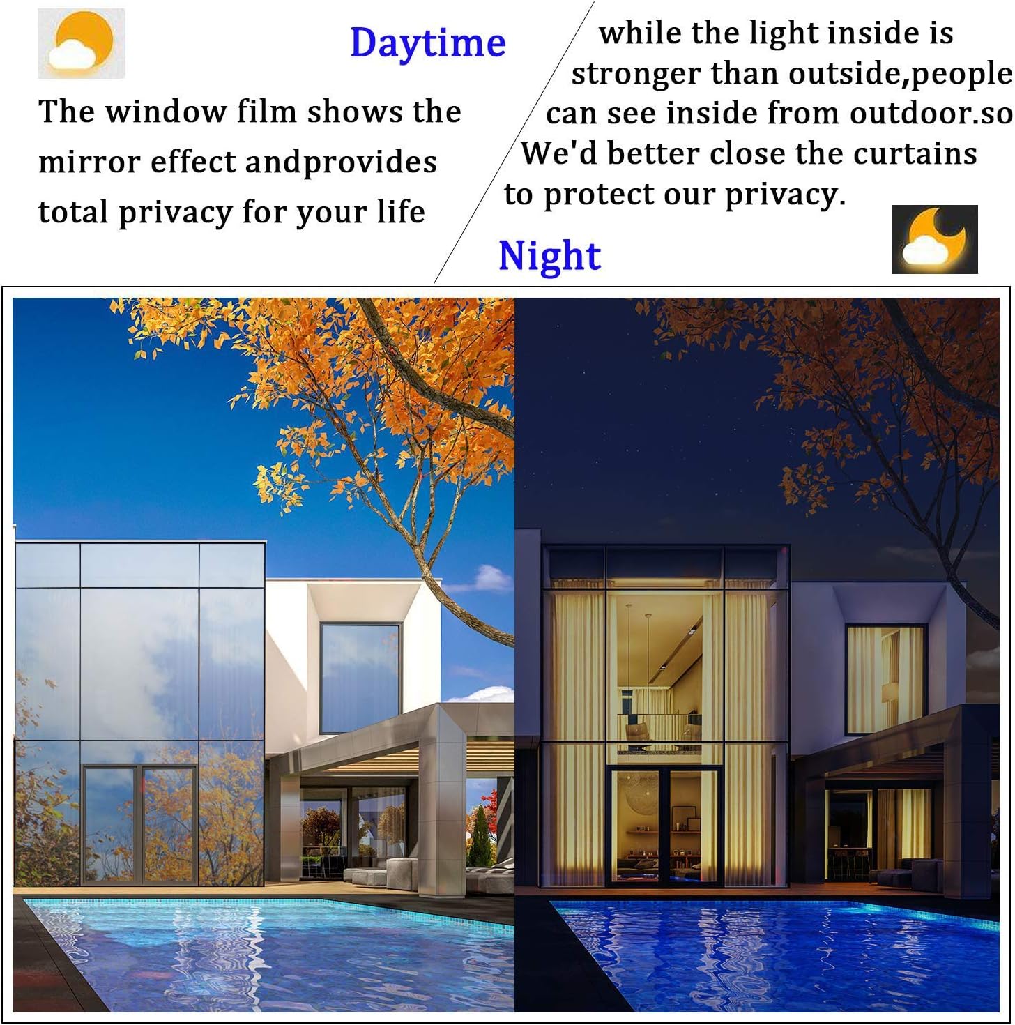 Reflective Window Film Privacy Cling Sun Blocking Adhesive One Way Mirror Window Tint Glass Film for Daytime Privacy, 35.4Inch x 100Feet, Brown Silver