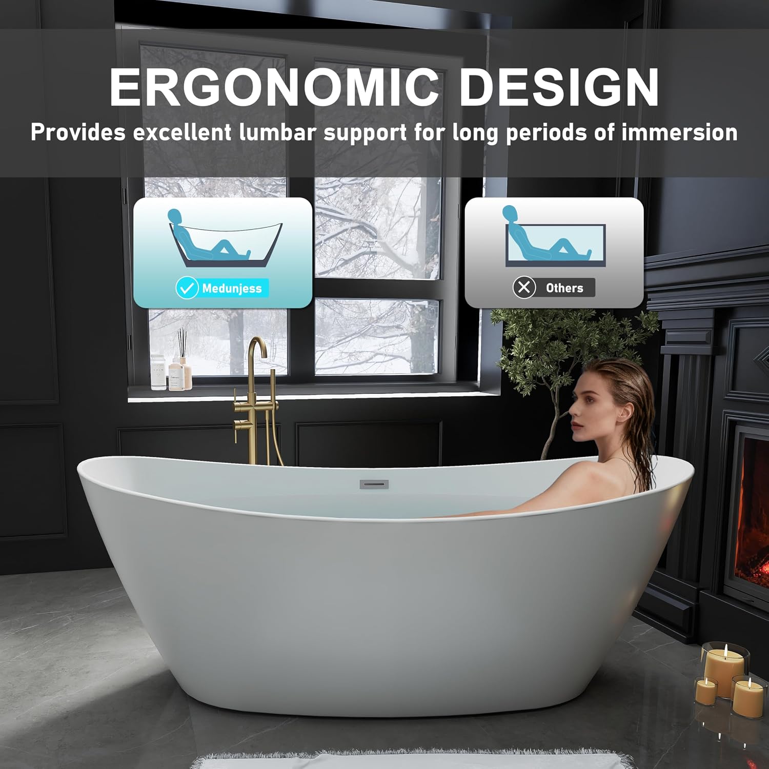 71' Acrylic Freestanding Bathtub, High-back Soaking Tub for Bathroom, Stand Alone Tub, cUPC Certified, Integrated Overflow and Drain, Gloss Grey