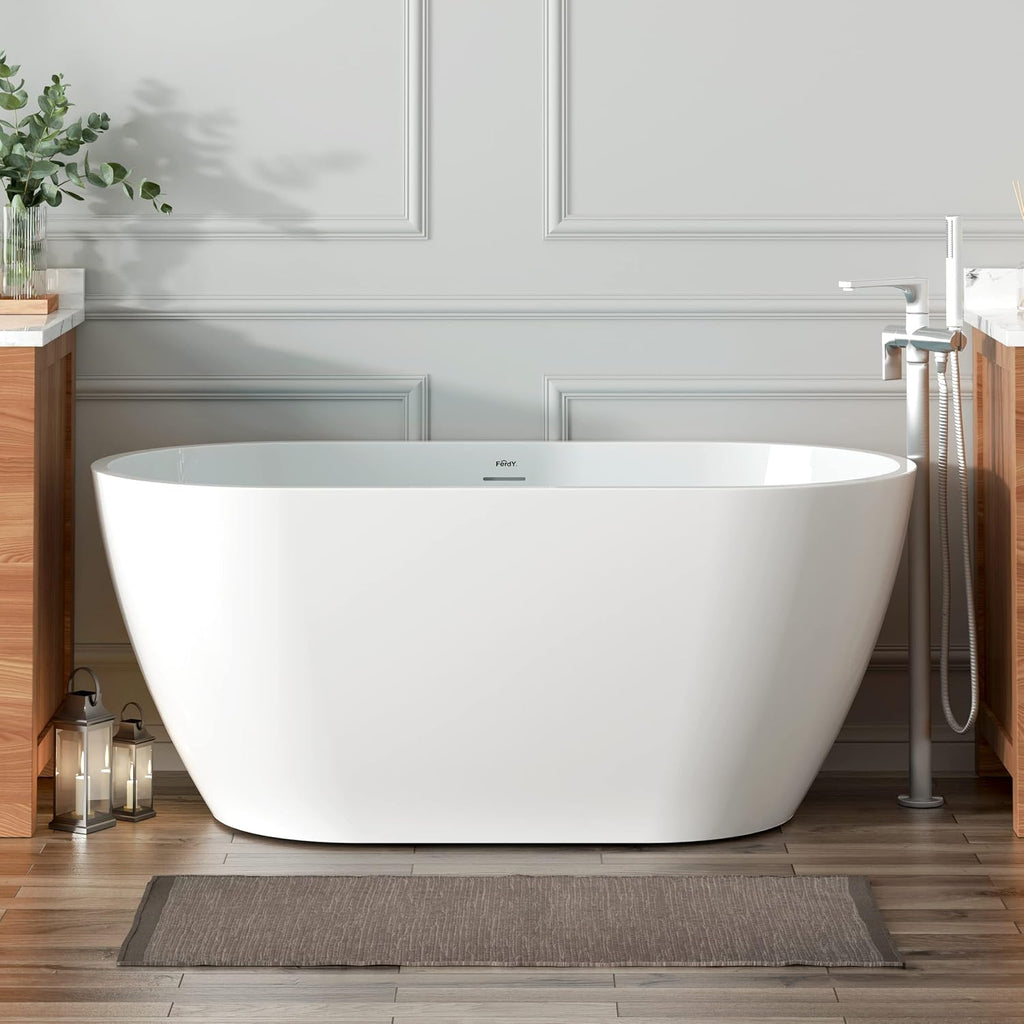 FerdY Bali 55' Freestanding Bathtub, Glossy White Freestanding soaking tub with Brushed Nickel Drain &FerdY Back Scrubber for Shower,Long Handled Loofah on a Stick, Soft PE Mesh Back Sponge