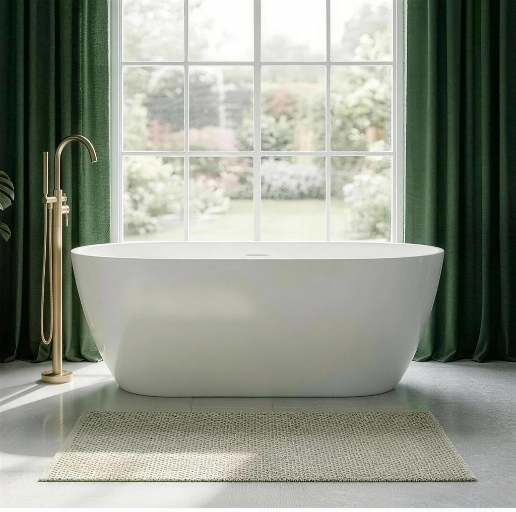 67' Freestanding Bathtub, Modern Oval Acrylic Soaking Tub with Overflow & Shower Function, Deep Standalone Tub with cUPC Certification, Double-Walled Insulation, (White 67Inch)