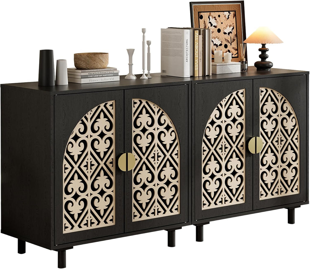 Decorative Storage Cabinet Sideboard with Hollow Carved Panels, 4 Doors Storage Sideboard Cabinet with Adjustable Shelves. [Black, 2pcs]