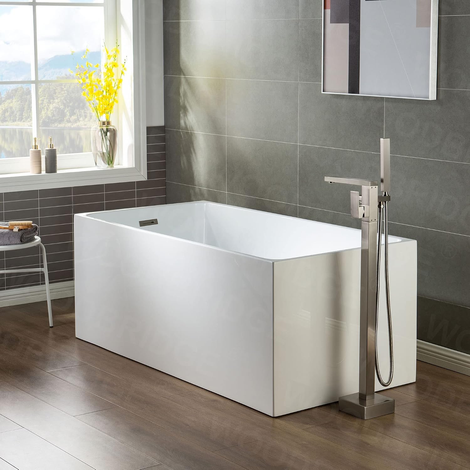 Woodbridge Brushed Nickel Freestanding Tub Filler Single Handle Floor Mounted Faucets with Handheld Shower. Square Design