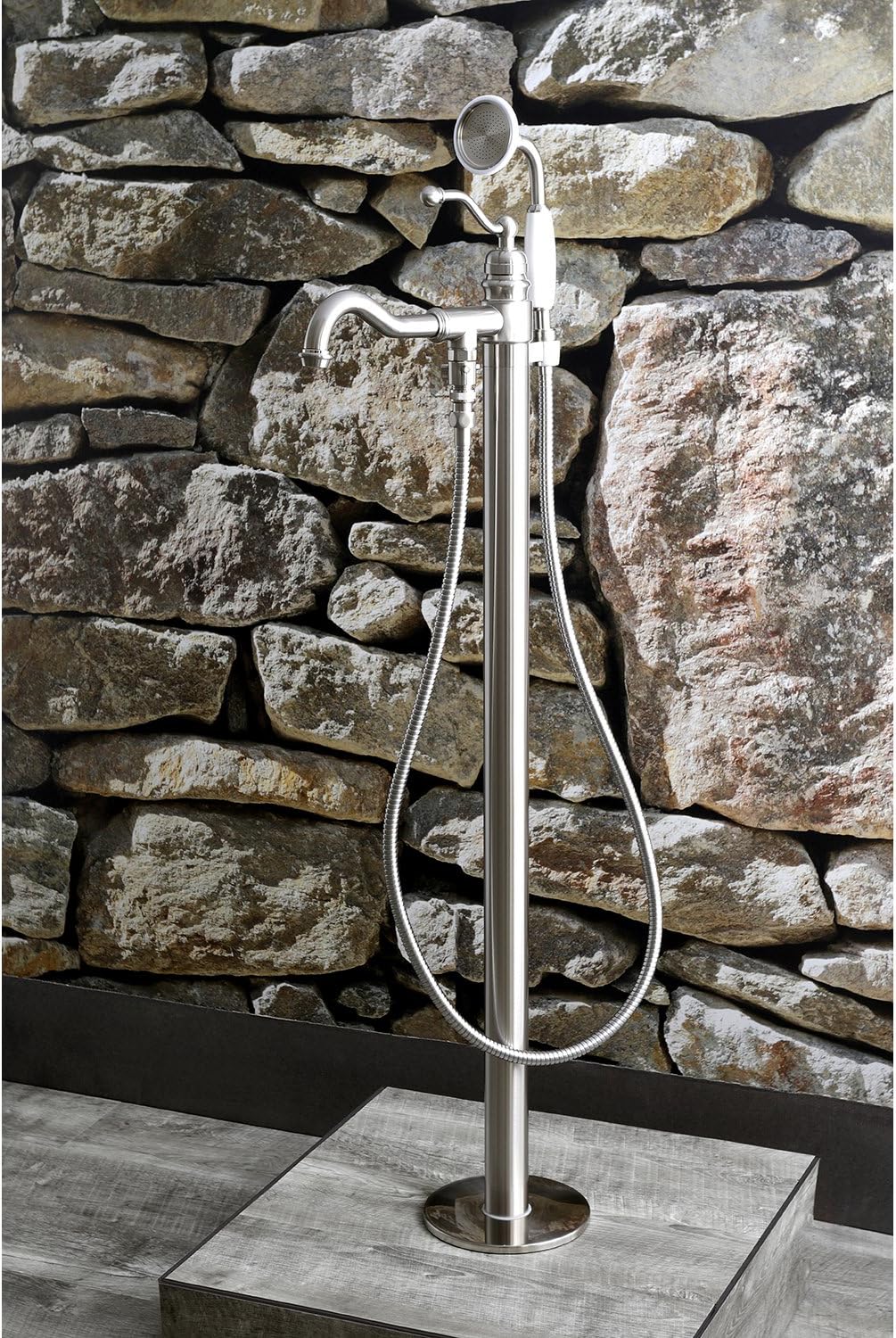 Kingston Brass KS7138ABL English Country Single Handle Freestanding Roman Tub Faucet with Hand Shower, Brushed Nickel