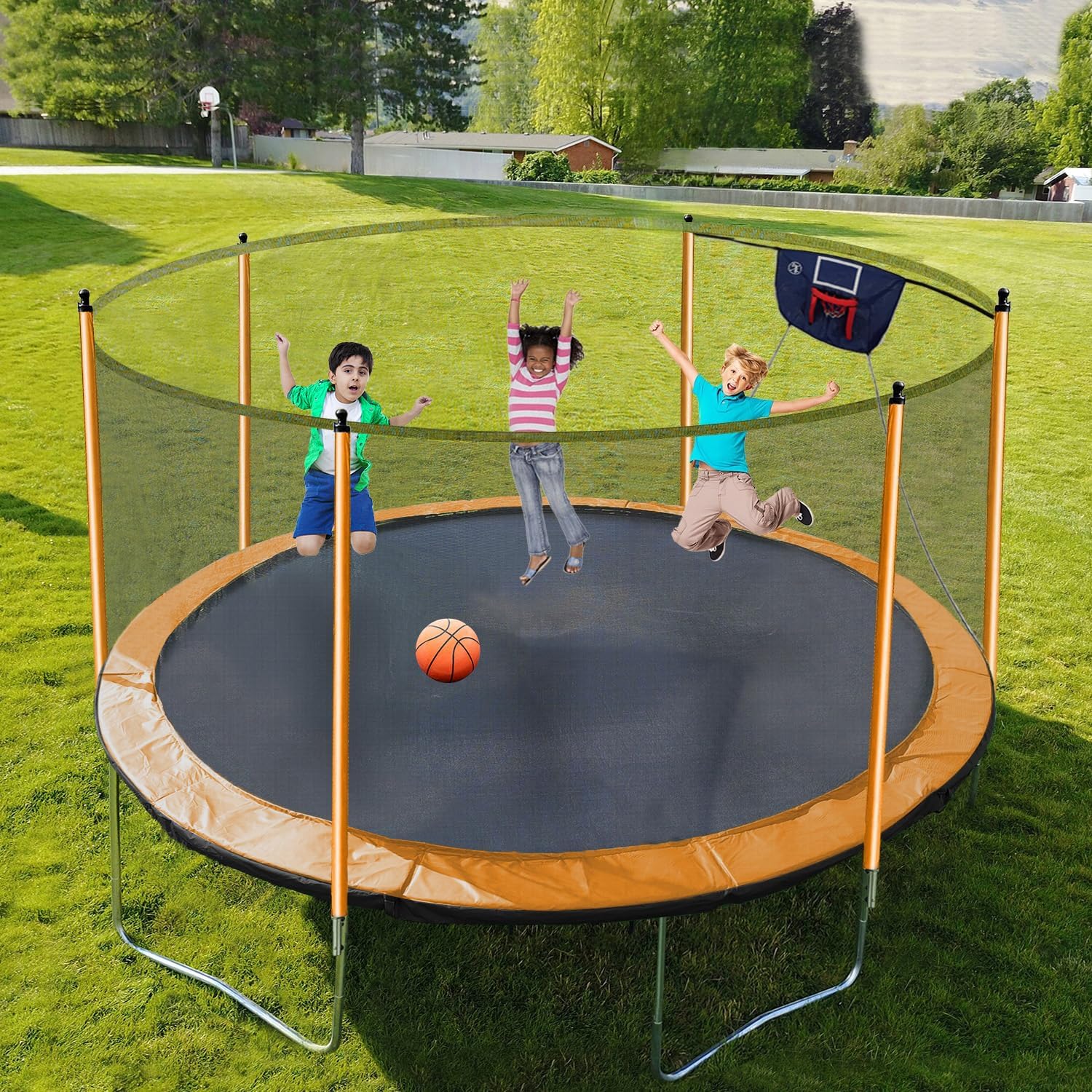 1500LBS 16FT 15FT 14FT 12 FT 10FT 8FT Tranpoline for Kids and Adults with Sprinkler, Lights with Music Speaker, Socks, Water Ball, Heavy Duty Outdoor Tranpoline with Net Enclosure and Ladder