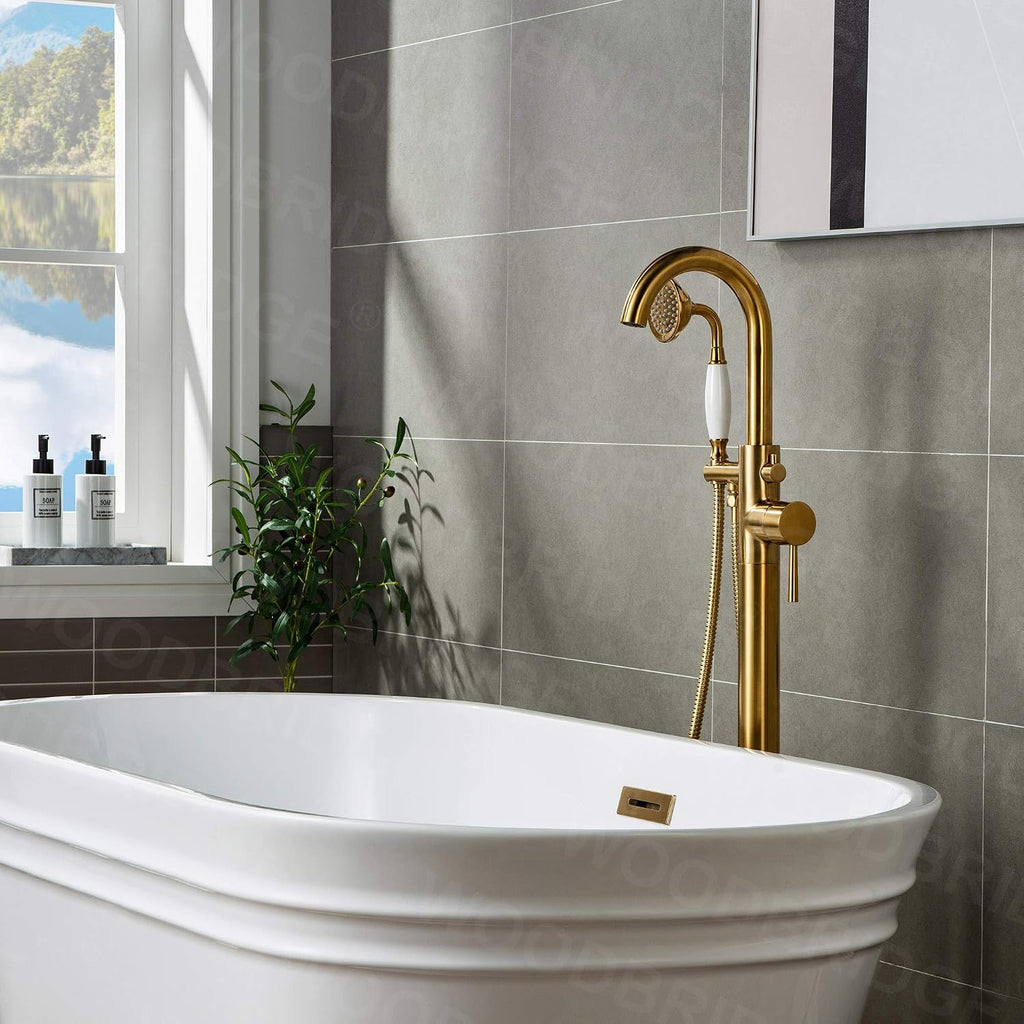 WOODBRIDGE Contemporary Single Handle Floor Mount Freestanding Tub Filler Faucet with Hand Shower in (Brushed Gold) Finish,F0007-BGVT