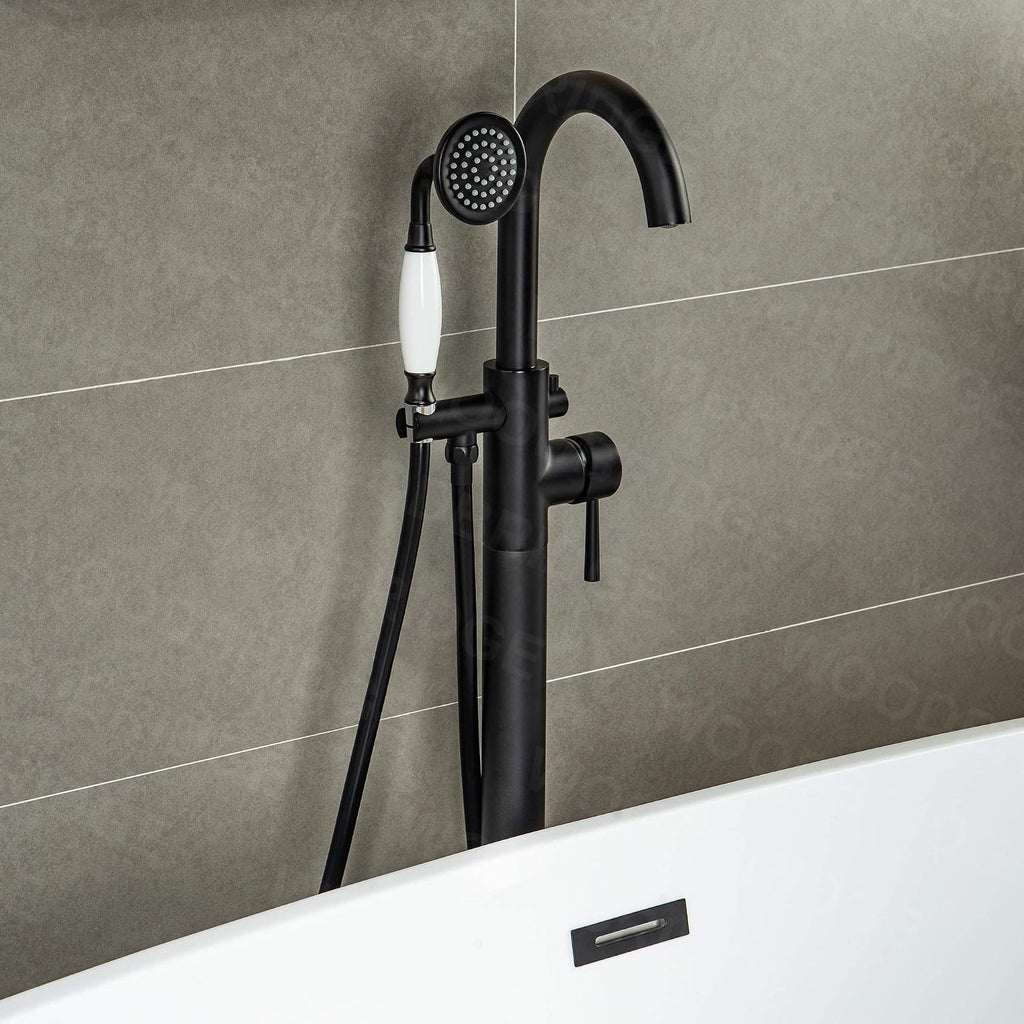 WOODBRIDGE WOODBRIDGEE Contemporary Single Handle Floor Mount Freestanding Tub Filler Faucet with Hand Shower in (Matte Black) Finish,F0006-MBVT
