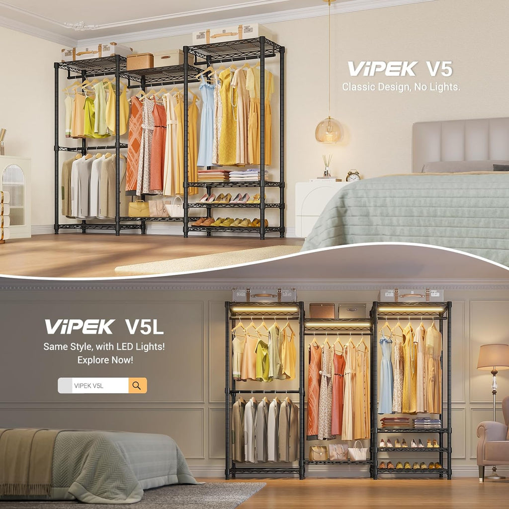VIPEK V5 Heavy Duty Clothes Rack, Portable Closet Wardrobe with 4 Hanging Rods & 8 Shelves, Freestanding Adjustable Garment Rack for Bedroom, Walk-in Closet, 890 lbs Capacity, Black, 68.9' L