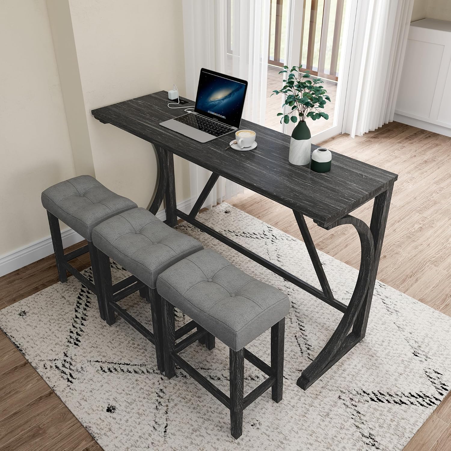 Polibi Farmhouse Counter Height Dining Set - Bar Table and Chairs, Wood Dining Table with Power Outlet and 3 Upholstered Stools for Breakfast Nook, Living Room, Black