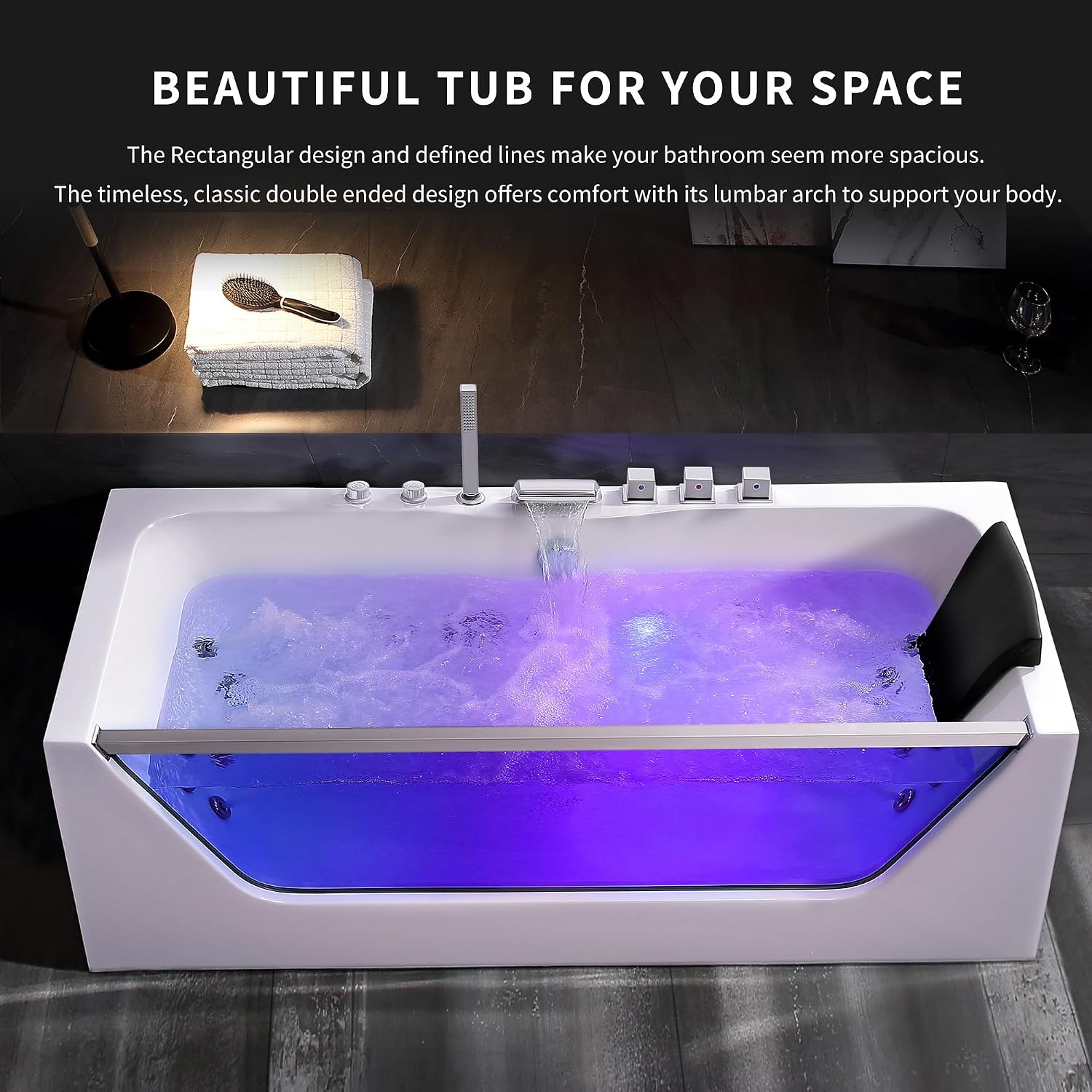 Empava 67' Whirlpool Bathtub with Chromatherapy, Hydrotherapy Jetted Bathtub with Glass Panel, 11 Jets,3-Side Apron,67 Gallons,ETL Certified, White
